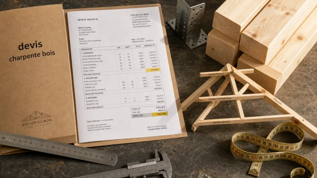 Devis charpente bois : feuille de devis avec pièces de charpente sur établi