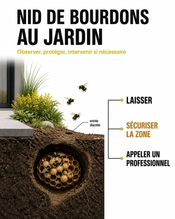 Nid de bourdon dans la terre : le laisser, le sécuriser ou appeler un professionnel ? 2 Nid de bourdon dans la terre que faire près d’une terrasse, avec zone sécurisée et intervention conseillée
