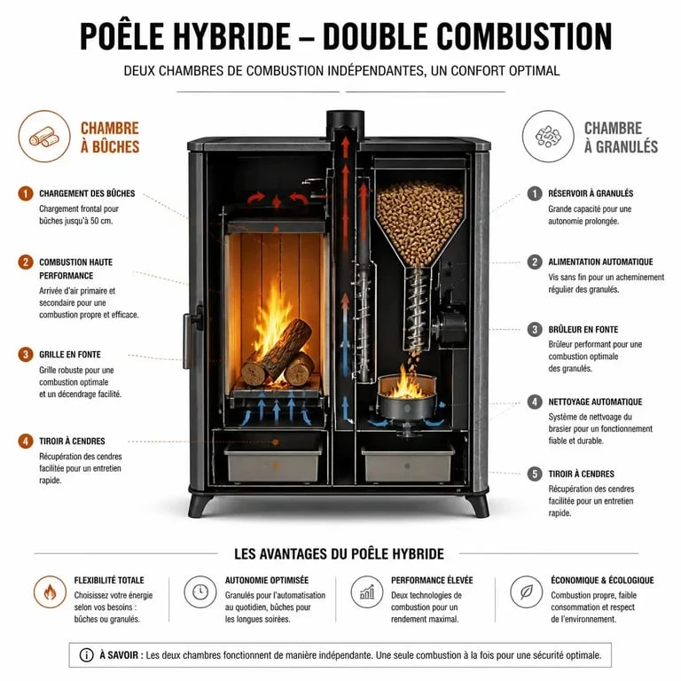 Schéma de fonctionnement d'un poêle mixte bois et granulés