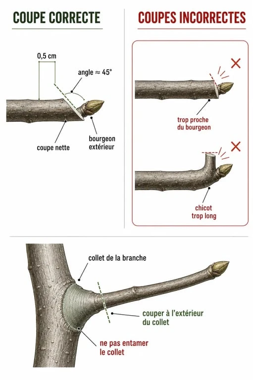 Taille d arbres : coupe correcte et coupe incorrecte sur une branche