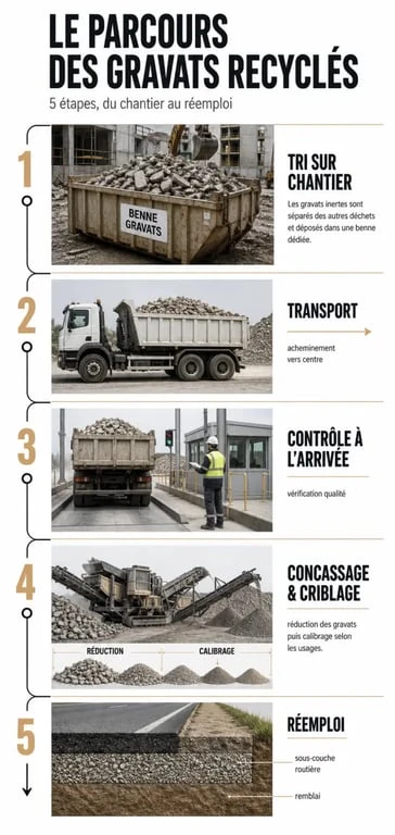 Recyclage des gravats : parcours du chantier au concassage puis au réemploi