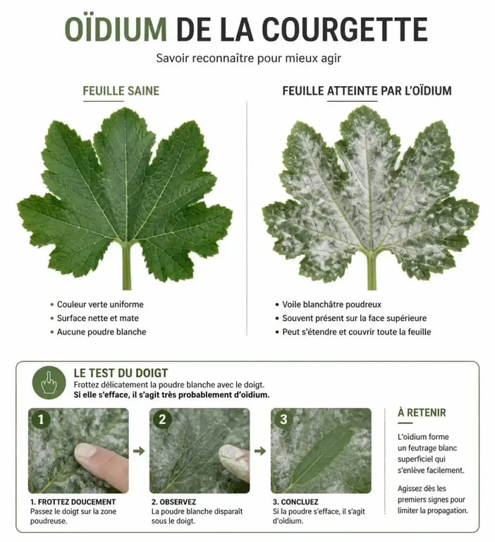 Oïdium des courgettes : 2 champignons responsables et 5 réflexes pour sauver votre récolte 2 Diagnostic visuel de l'oïdium sur courgette : comparaison entre feuille saine et feuille infectée pour le traitement oidium courgette