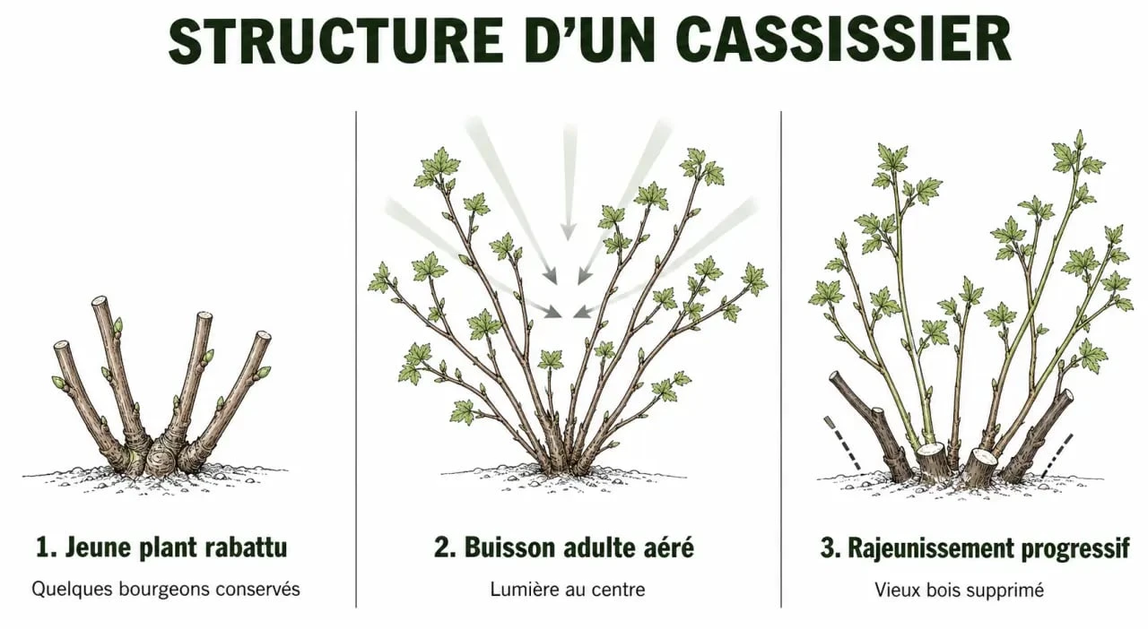 Taille cassissiers : jeune plant, entretien adulte et rajeunissement du buisson