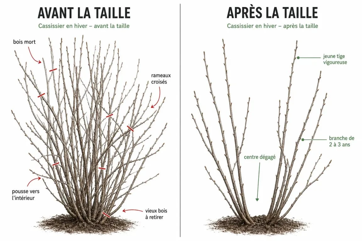 Taille cassissiers : illustration avant et après la coupe des branches à supprimer et à conserver