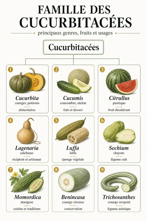 Cucurbitacées liste : synthèse visuelle des principaux genres et usages