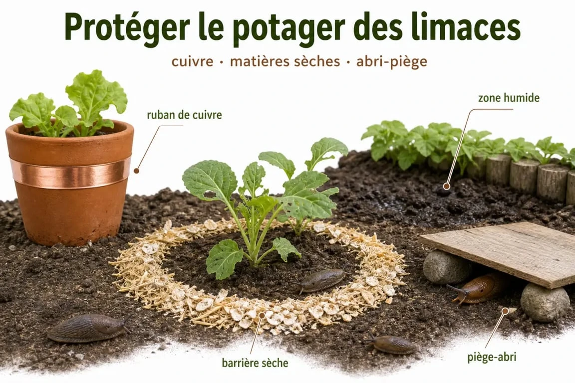 Répulsif naturel limace : comparaison visuelle des méthodes autour de jeunes plants au potager