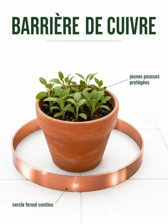 Répulsif naturel limace : pose d’un ruban de cuivre autour d’un pot pour protéger des jeunes pousses