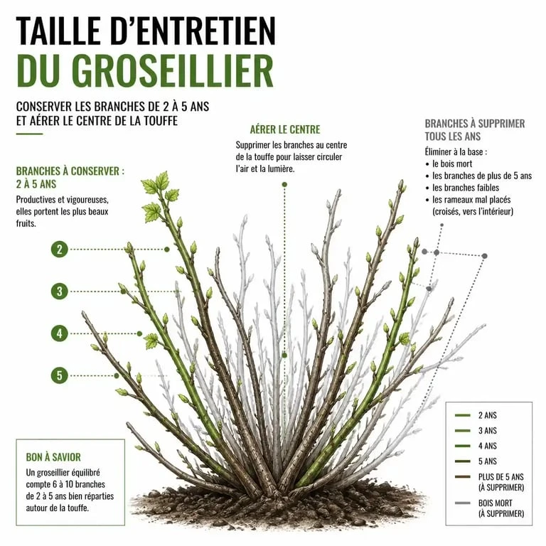 Illustration technique de la taille annuelle du groseillier pour une meilleure fructification