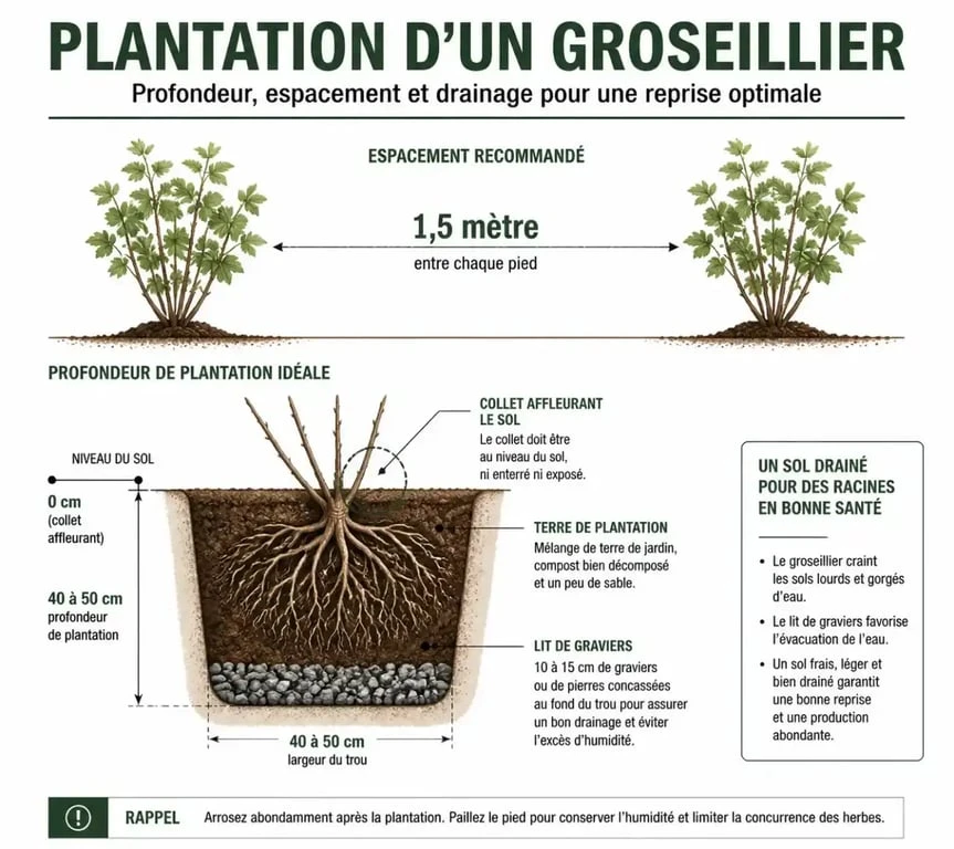 Schéma technique pour planter un groseillier avec les bonnes distances et profondeur