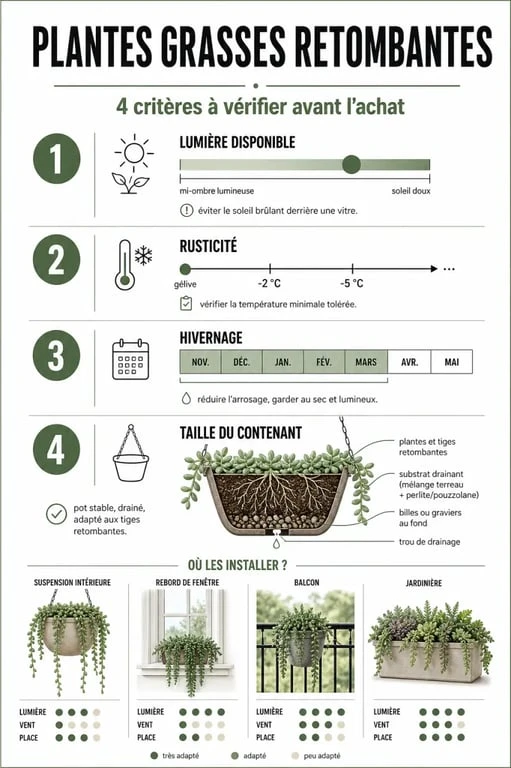Plantes grasse retombantes : infographie des critères à vérifier avant achat