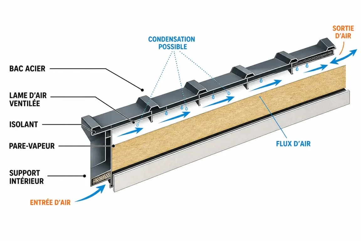 toiture bac acier isolation : schéma des couches et des zones de condensation