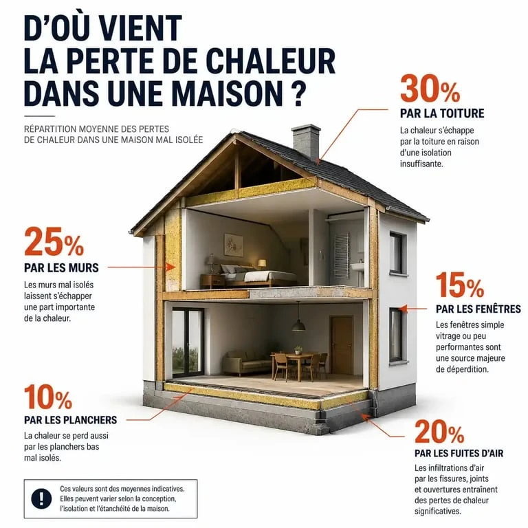 Schéma des déperditions thermiques d'une maison pour la rénovation thermique à Colmar