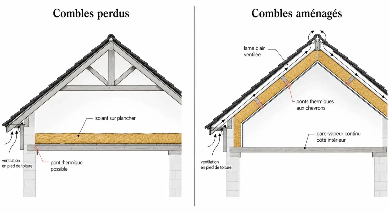 Isolation toiture par l’intérieur : la méthode à choisir selon les combles, l’humidité et le budget 2 Isolation toiture par l'intérieur : coupe comparative des combles perdus et des rampants aménagés avec pare-vapeur et ventilation