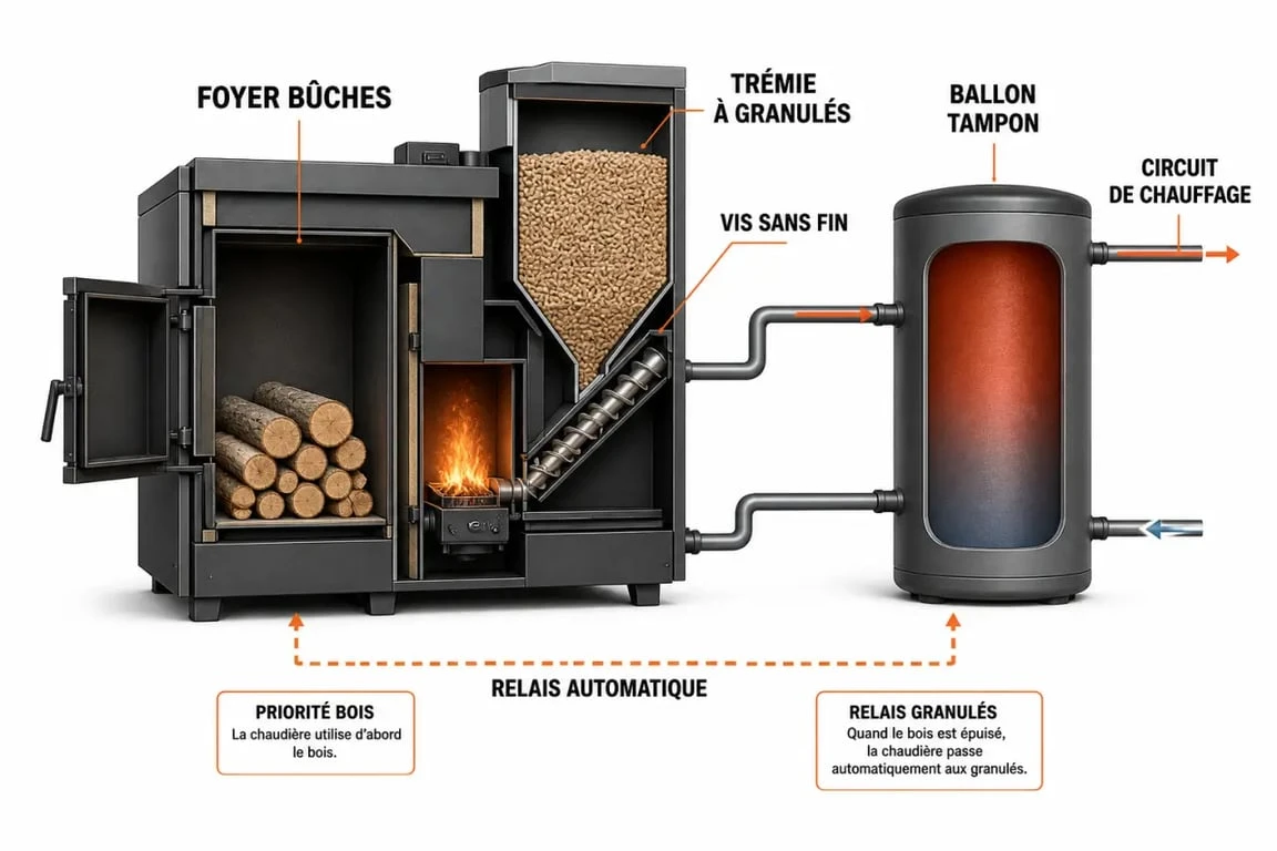 Schéma de chaudière pellet bois mixte avec ballon tampon et relais automatique