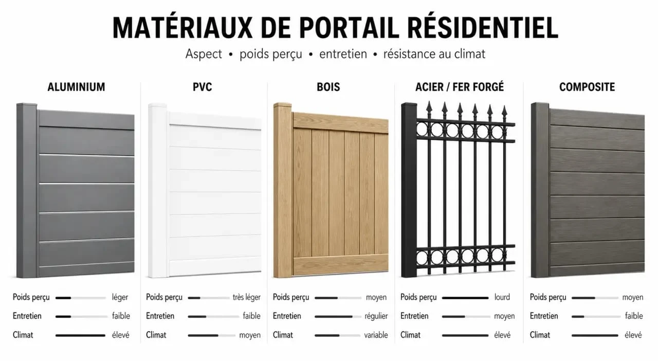 Portail en aluminium, PVC, bois, acier ou composite : le bon choix selon le budget, l’entretien et le climat 2 Différents matériaux portail : comparaison visuelle entre aluminium, PVC, bois, acier et composite