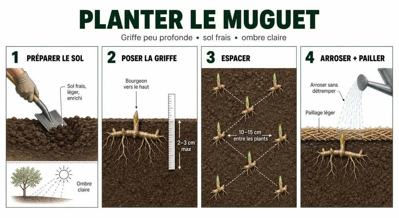 Quand planter le muguet ? Automne, printemps hors gel et reprise après le 1er mai 2 Quand et comment planter le muguet : schéma pas à pas de la plantation en terre avec profondeur, espacement et arrosage