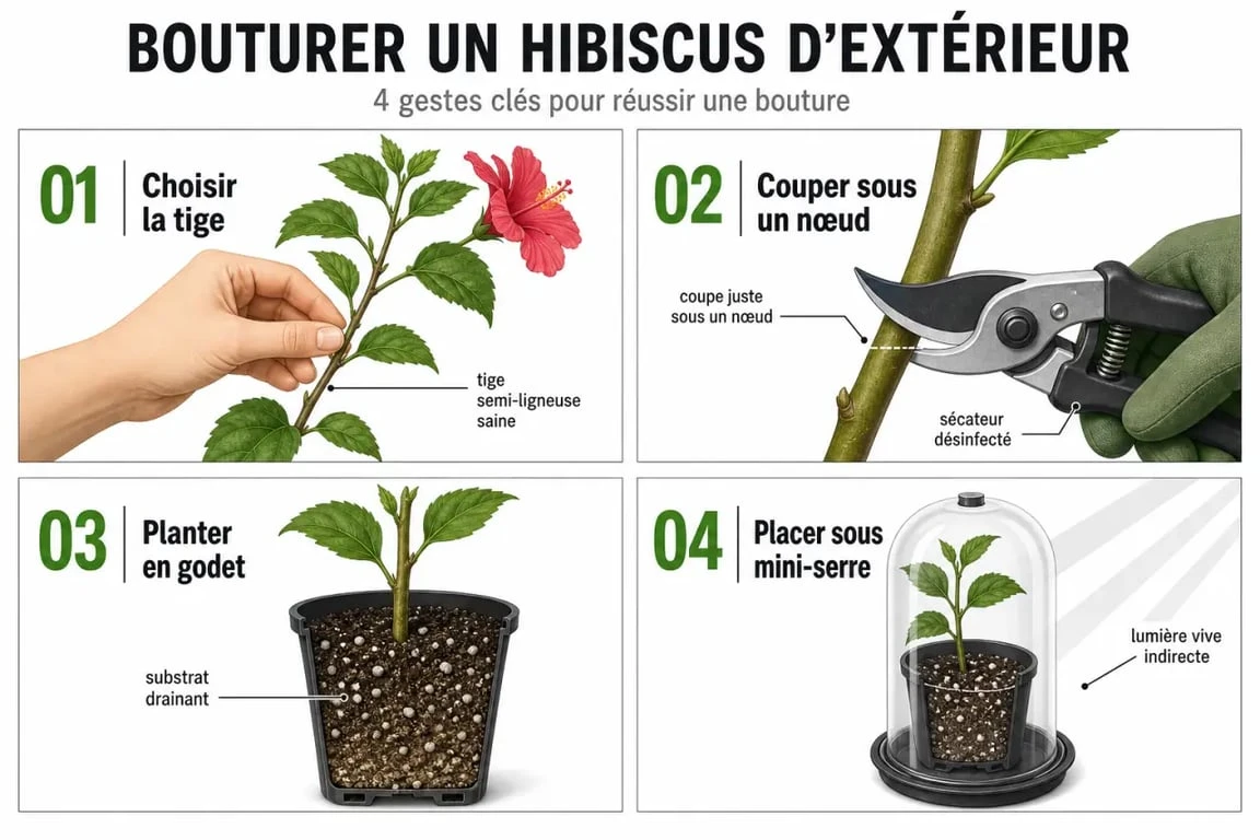 Bouture hibiscus exterieur en 4 étapes : sélection de la tige, coupe sous un nœud, mise en godet et mini-serre