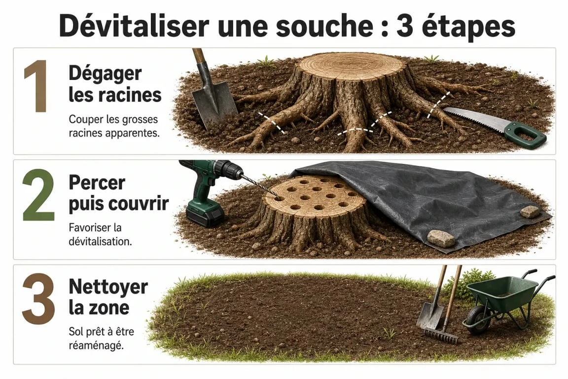 Détruire une souche d’arbre : dessouchage, perçage ou dévitalisation ? 2 Détruire souche : schéma des méthodes d’arrachage et de dévitalisation au jardin