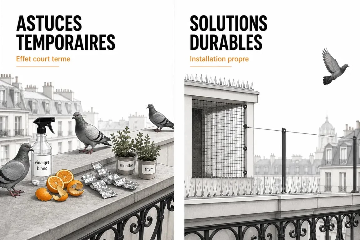 Recette de grand mere pour faire fuir les pigeons : comparaison visuelle entre astuces naturelles et barrières physiques sur un balcon
