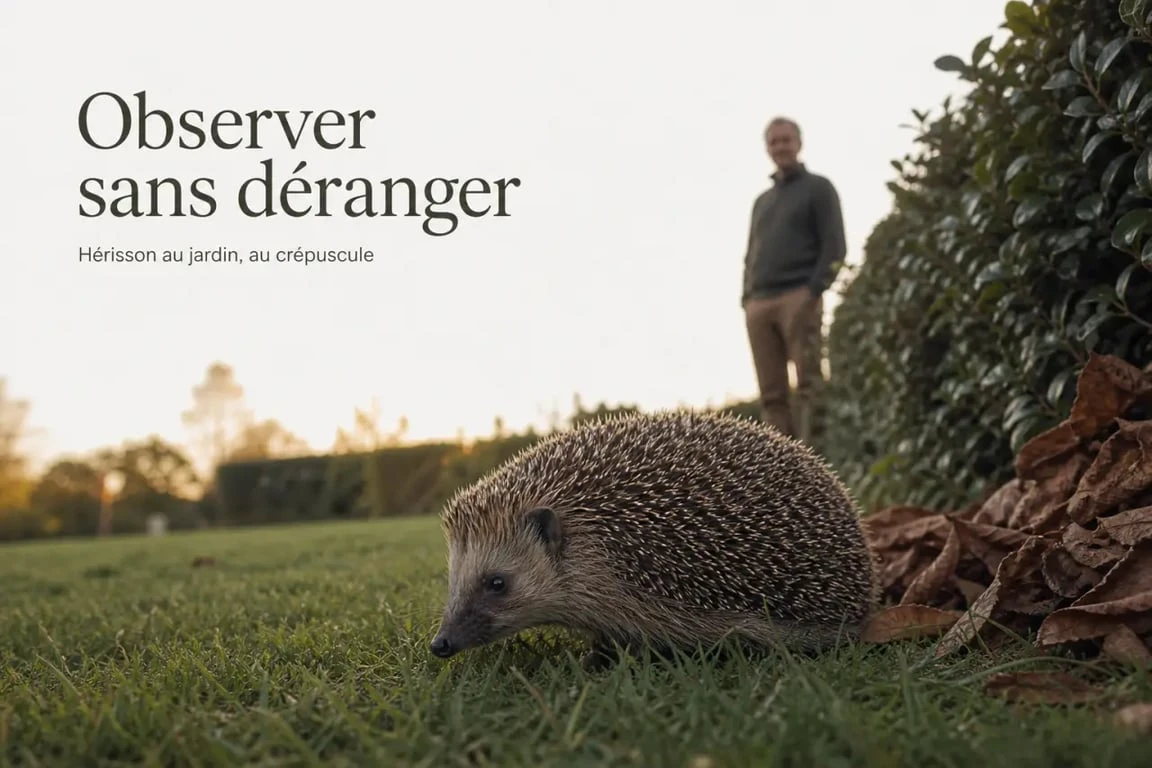 Hérisson dans le jardin observé à distance au crépuscule