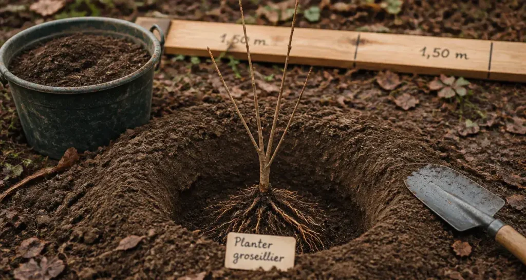 Planter un groseillier : les 5 étapes clés pour une récolte abondante 18 Planter groseiller : jeune plant et racines nues dans un trou