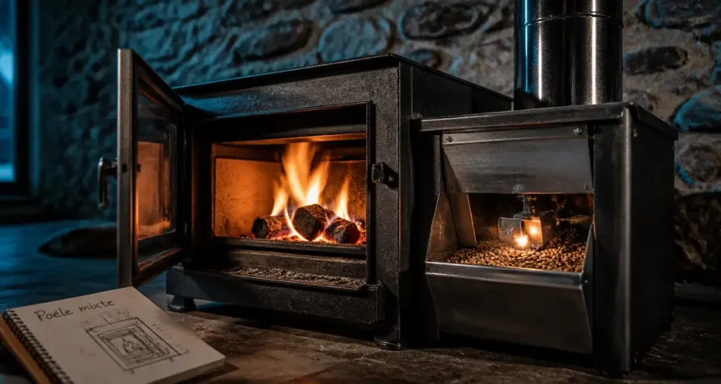 Poêle mixte bois et granulés : fonctionnement, rentabilité et critères de choix 5 Poêle mixte poele bois et granulés, porte vitrée et trappe granulés en intérieur