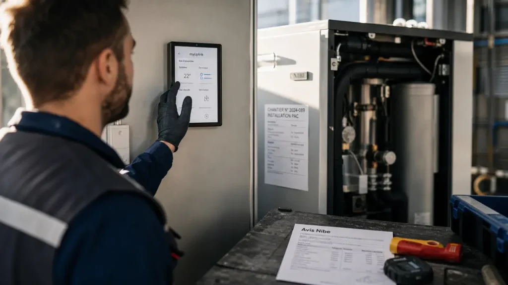 Pompe à chaleur Nibe avis : des performances saluées, mais un prix et un SAV à surveiller 6 Pompe à chaleur nibe avis : technicien vérifie une PAC Nibe