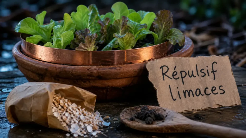 Répulsif naturel limace : cuivre, cendres et marc de café face à la pluie 13 Répulsif naturel limace au cuivre : cercle contre les limaces, pluie et jeunes salades