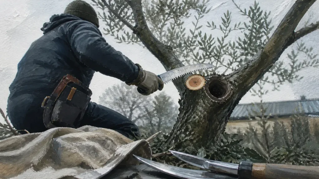 Taille d’arbres : 45°, 3 yeux et les erreurs qui affaiblissent la ramure 12 Taille d arbres : arboriste coupe une branche au collet