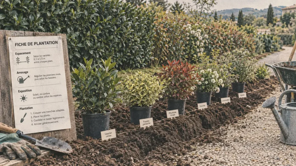 Un arbuste en haie se choisit selon l’usage, l’espace et l’entretien 2 Arbuste en haie en conteneurs alignés pour la plantation au jardin