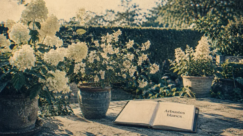 Haie, pot, terrasse : quels arbustes à fleurs blanches choisir selon l’espace ? 4 Arbustes fleur blanche en pots et pleine terre sur terrasse, près d’une haie