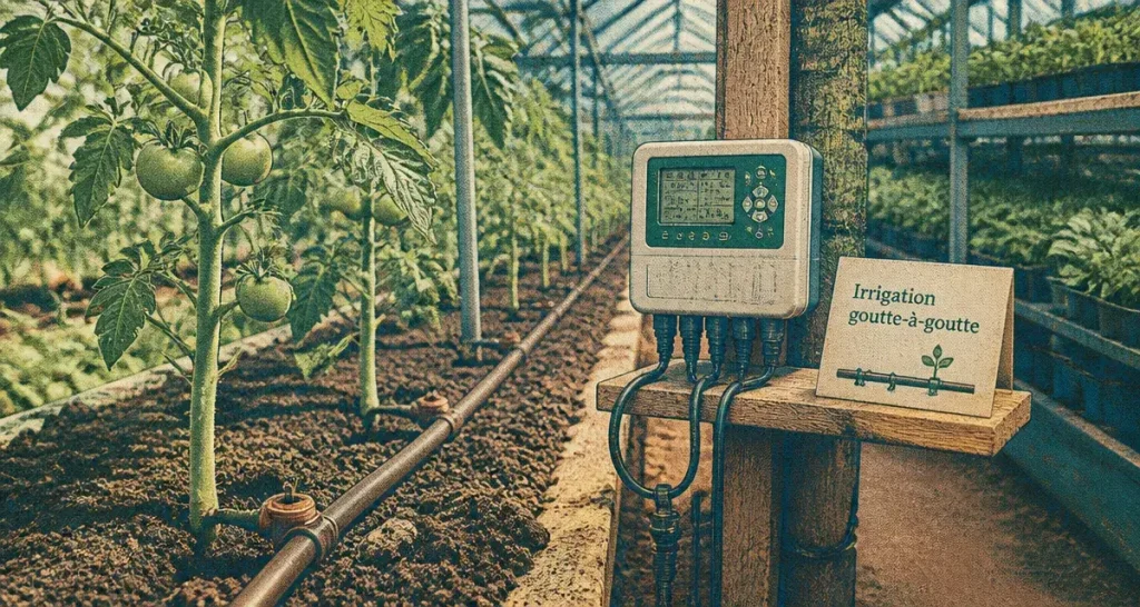 Arrosage automatique en serre : quel système choisir pour optimiser vos cultures ? 1 Arrosage automatique serre goutte-à-goutte près des plants