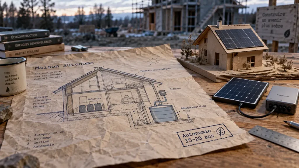 Choisir un constructeur de maison autonome : vérifier la technique, le budget et le suivi 1 Constructeur maison autonome : plan technique sur table, batteries et panneaux solaires