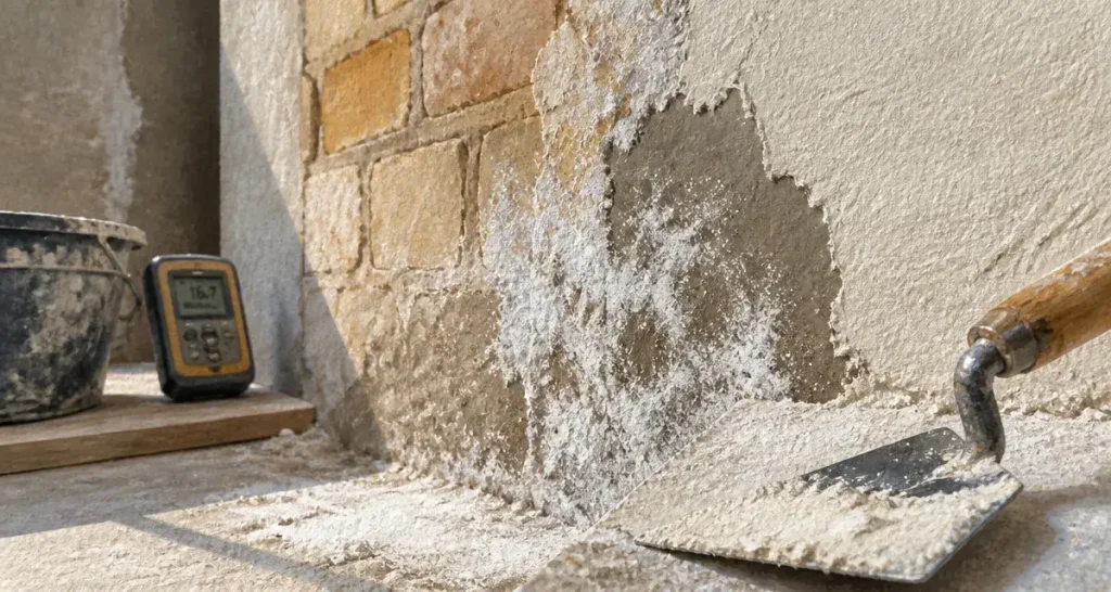 Enduit pour murs humides : salpêtre et chaux respirante sur mur humide