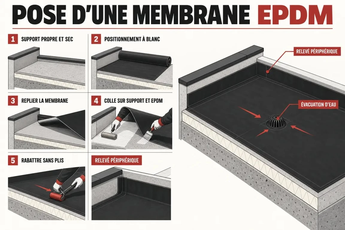 Membrane d’étanchéité toiture : quelle épaisseur choisir pour un toit plat avec ou sans lestage ? 2 Schéma de pose d'une membrane d'étanchéité toiture EPDM sur toit plat