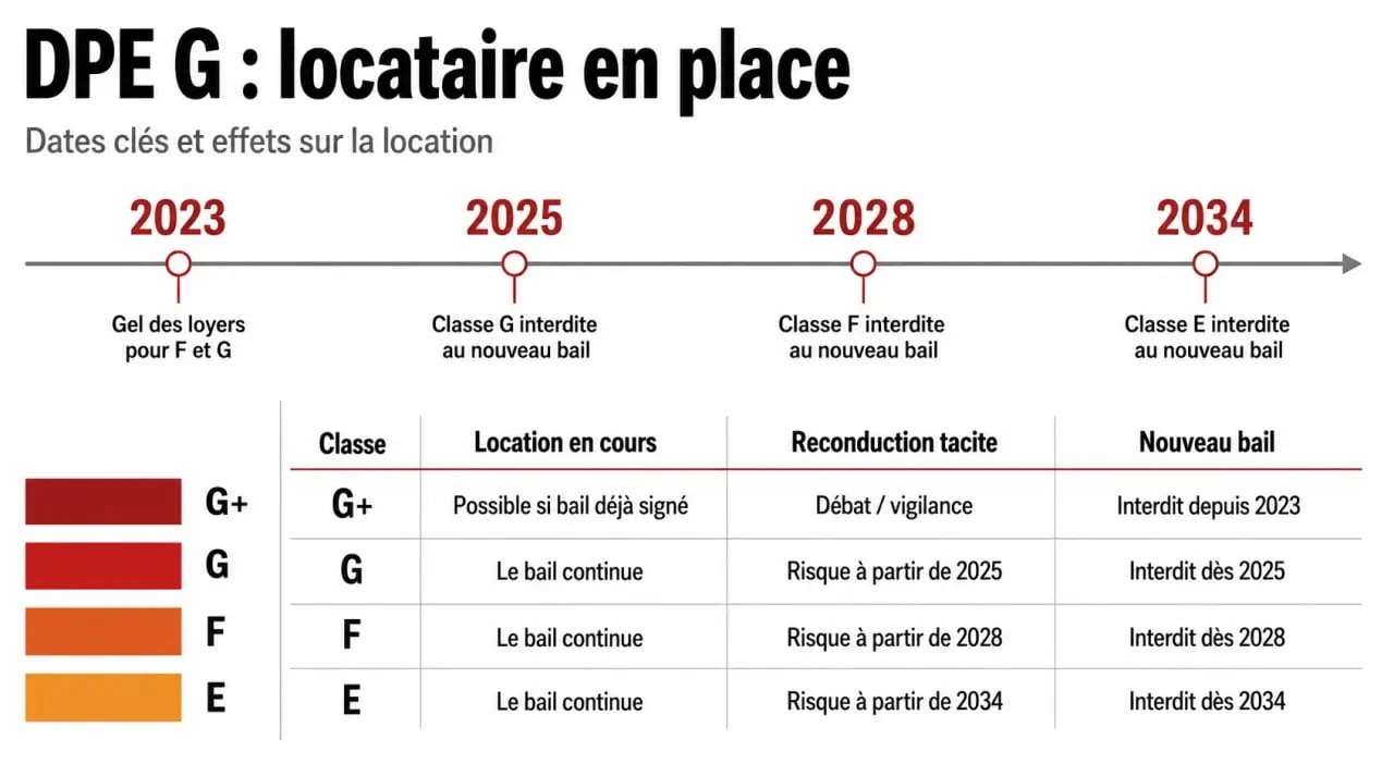 Infographie DPE G locataire en place avec classes G+, G, F et E et dates clés