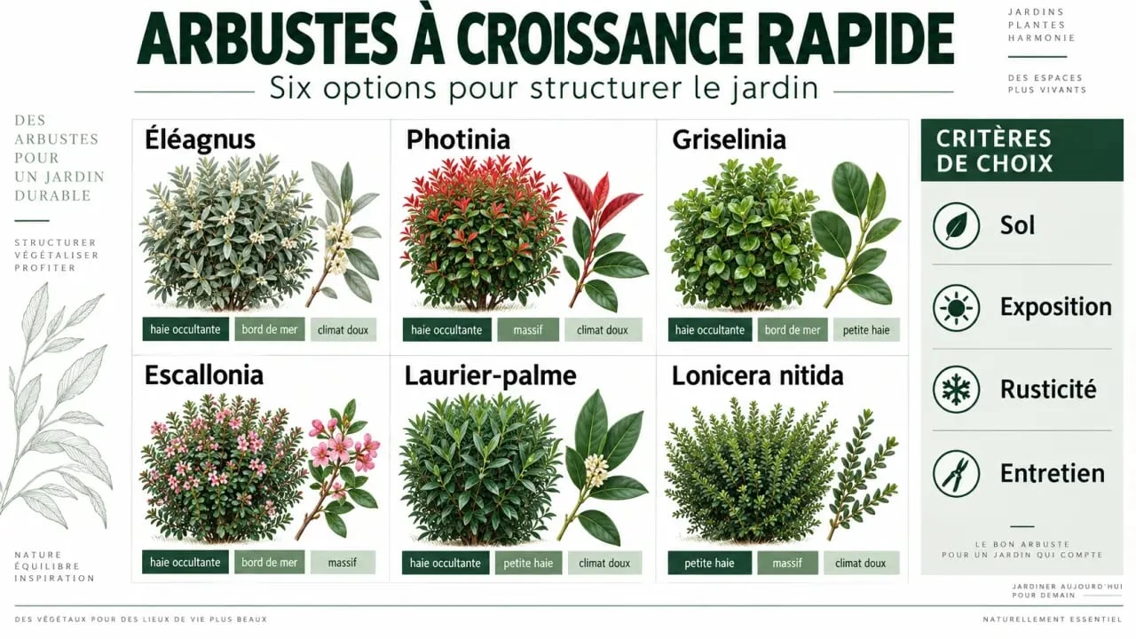 Arbuste à croissance rapide : gagnez du temps sans transformer la haie en corvée 2 Infographie des arbustes à croissance rapide selon leur usage, leur exposition et leur entretien