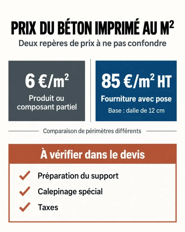 Prix du béton imprimé au m² : 6 € de fournitures ou 85 € HT avec pose, ce que couvre vraiment le tarif 2 Infographie sur le prix béton imprimé m2 avec repères de 6 et 85 euros