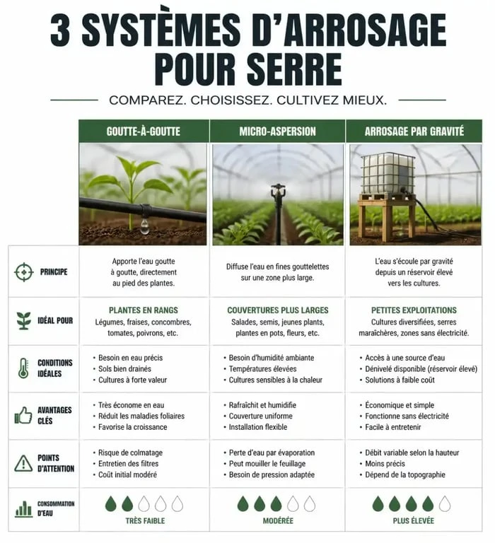 Comparatif des systèmes d'arrosage automatique pour serre : goutte-à-goutte, micro-aspersion et gravité.
