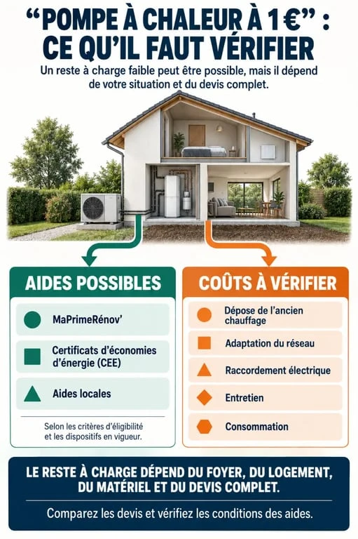 Infographie pompe à chaleur à 1 euro vrai ou faux : aides et coûts à vérifier
