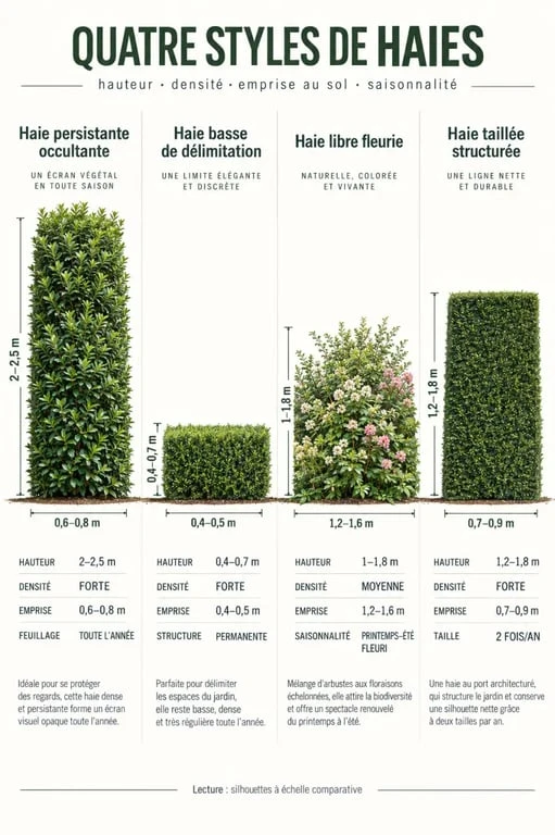 Arbuste en haie : comparaison entre haie persistante, haie libre, haie basse et haie taillée