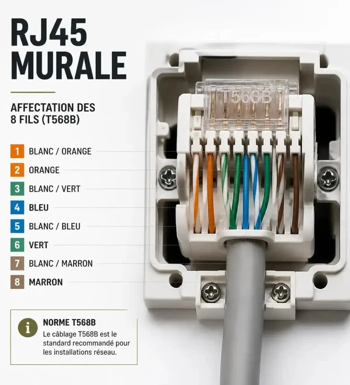Câblage prise RJ45 : le détail de 13 mm qui évite les connexions instables 2 Câblage prise RJ45 murale avec les huit fils colorés selon la norme T568B