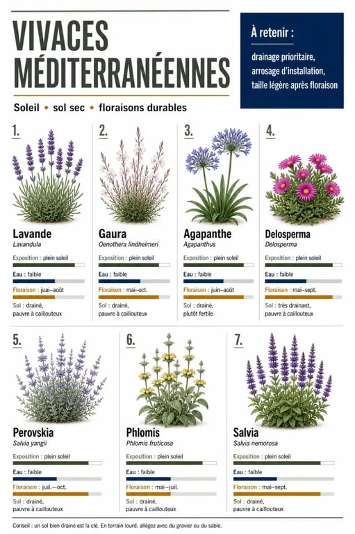 Plantes méditerranéennes vivaces : comparaison visuelle des espèces adaptées au soleil, au sol sec et à la floraison estivale