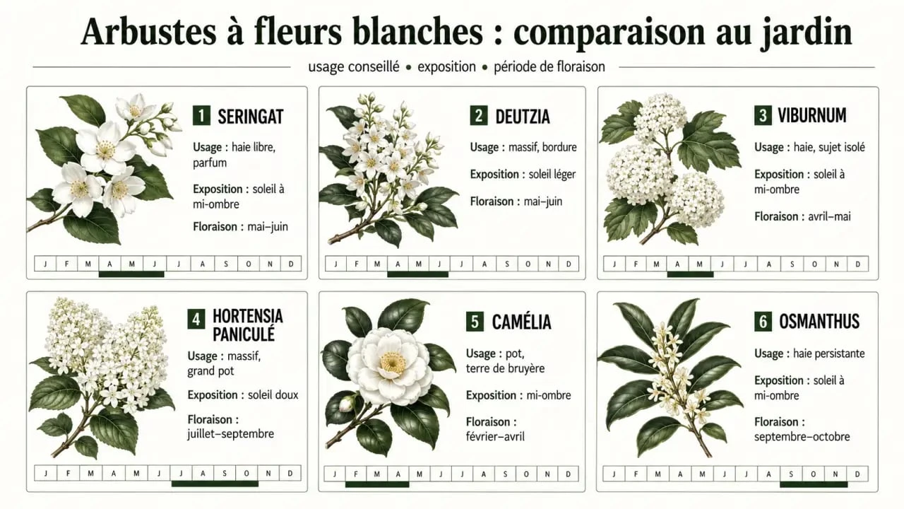 Haie, pot, terrasse : quels arbustes à fleurs blanches choisir selon l’espace ? 2 arbustes fleur blanche : comparaison visuelle des variétés pour haie, massif, pot et terrasse