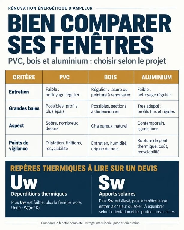 Prix fenêtres double vitrage PVC en rénovation énergétique d’ampleur : comparaison des matériaux et des indicateurs Uw et Sw