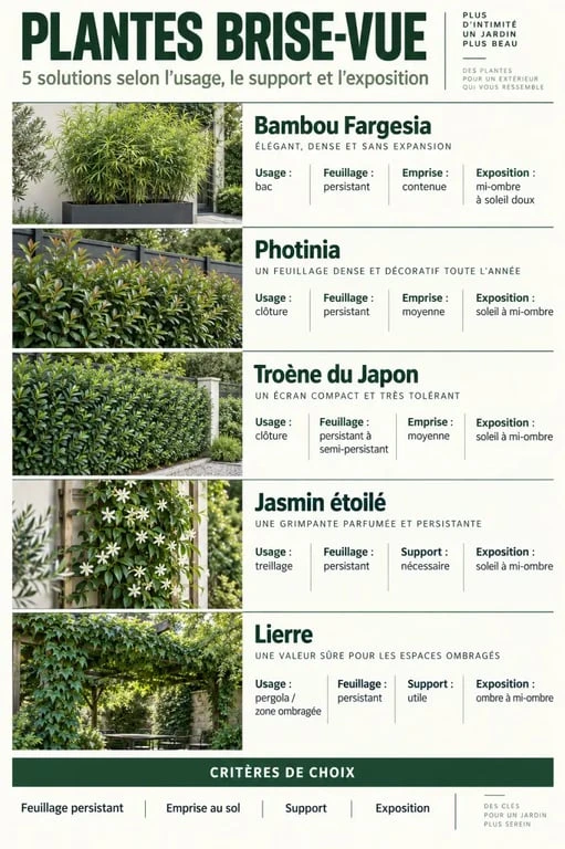 Infographie sur les plantes brise-vue pour balcon, terrasse, clôture et jardin