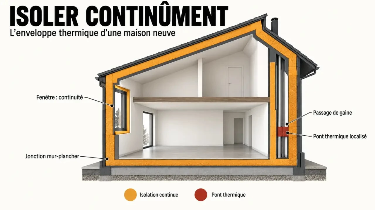 Illustration pédagogique de l’isolation d’une maison neuve et de la continuité de l’enveloppe thermique