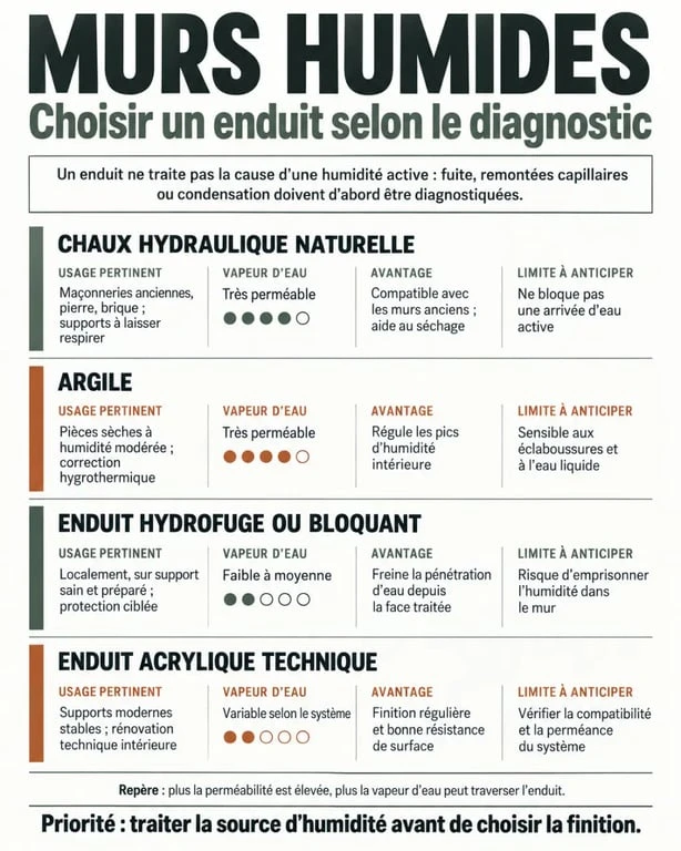 Enduit pour mur humide : le film étanche qui aggrave les remontées capillaires 2 Comparatif des solutions d’enduit pour murs humides : chaux, argile, hydrofuge et acrylique