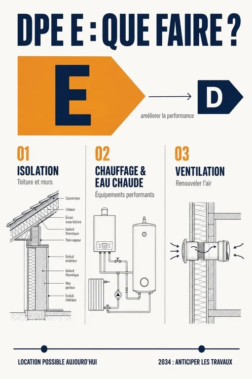 DPE E que faire : infographie sur les travaux d’isolation, le chauffage et la ventilation avant 2034