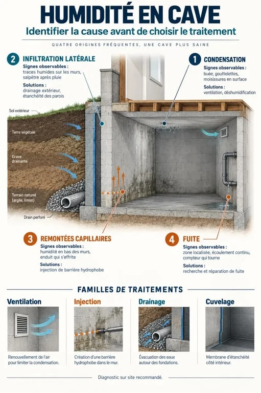 Traitement de l’humidité d’une cave : pourquoi le déshumidificateur ne suffit pas 2 Infographie sur le traitement de l’humidité d’une cave selon la cause